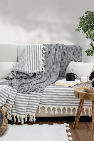 Reno Desen Dokuma %100 Pamuklu Çok Amaçlı Pike Koltuk Örtüsü 180x230 Siyah