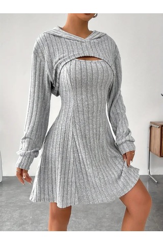 Kadın Uzun Kollu Kapüşonlu Ceket Üst Ve Askısız Kare Yaka A Kesim Şardonlu Kaşkorse Elbise Gri