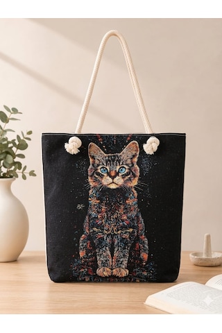 Genel Markalar Goblen Kadın Omuz Çantası+ Kedi Desen3 Krem.karışık Renkli Desenli
