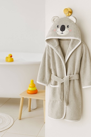 Kapşonlu Hayvan Desenli Çocuk Banyo Deniz Plaj Bornozu %100 Pamuklu Gri