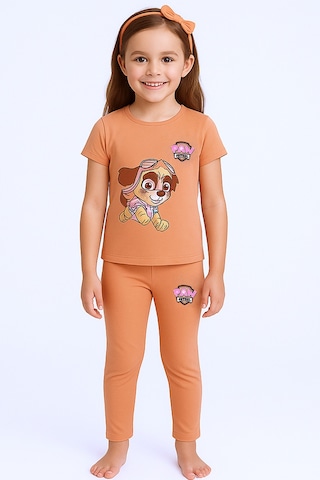 Kız Çocuk Taytlı Takım Saç Bandı Hediyeli Baskılı C64 Somon