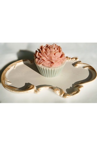 Dekoratif Tabaklı Cupcake Soya Mum Pembe