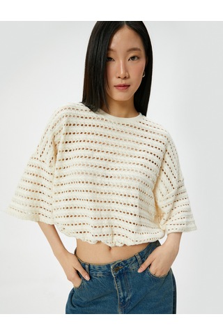 Koton Ajurlu Kroşe Sweatshirt Yarım Kollu Bisiklet Yaka Beli Lastikli Kırık Beyaz 4sak30008ek Ekru