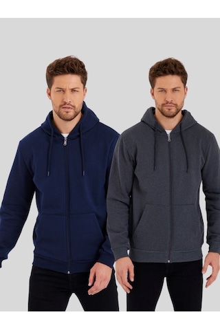 MMetalic Siyah-Antrasit Kanguru Cepli Kapüşonlu Fermuarlı İçi Pamuklu 2'Li Erkek Sweatshirt