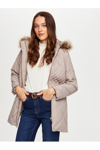 Faik Sönmez Oversize Kapüşonlu Midi Kaban - Kışlık Bej