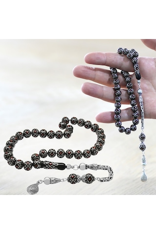 925 Ayar Gümüş Kral Zincir Püsküllü Gümüş-mercan İşleme Küre Kesim Erzurum Oltu Taşı Tesbih Siyah