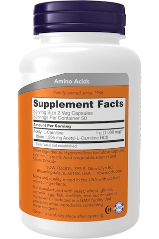 Now Foods Acetyl-l Carnitine 500 Mg Amino Acid Brain And Nerve 100 Veg Capsules Aromasız