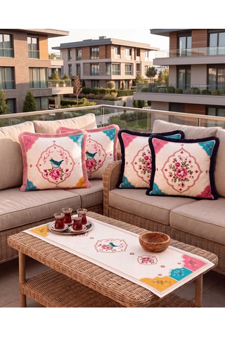 Kuş Ve Çiçek Desenli Runner + 4 Lü Kırlent Kılıfı Kombin Set 45 x 45