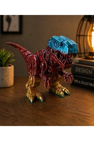 Robotik Görünümlü T-rex Dinozor Figürü Metalik Efektli Plastik Dekoratif Biblo Sabit Model