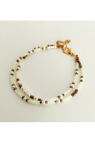 B214 İnci Boncuklu İkili Bileklik Altın - Beyaz