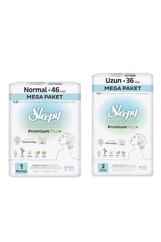 Sleepy Bio Natural Premium Plus Hijyenik Ped Mega Paket Normal 46'lı + Uzun 36'lı + Cüzdan