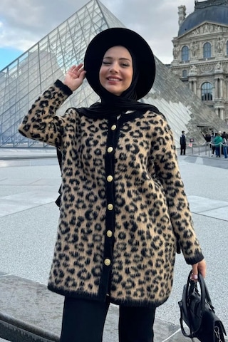 Woman And Kids Leopar Desen Düğmeli Triko Yumoş Uzun Hırka VIZON