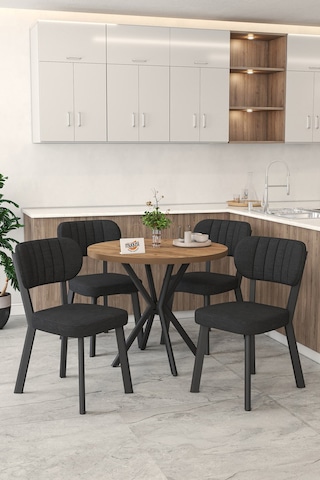 Gnr 90cm Sabit Atlantik Mutfak Masası Takımı, Yemek Masası, 4 Modern Siyah Sandalye Siyah