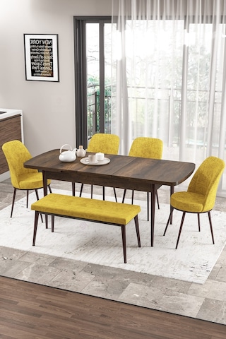 Canisa Concept Zen Serisi 80x132 Mdf Açılabilir Barok Ahşap Desen Masa Takımı 4 Hardal Sandalye Ve 1 Bench Barok Masa Sandalye Ve Bench Hardal