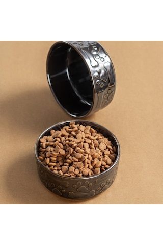 Siyah Kedi Köpek Mama Kabı 2li Seramik Kabartmalı Kedi Köpek Mama Ve Su Kabı 13.5 Cm 500ml