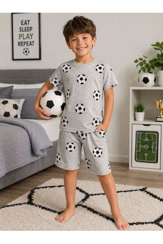 Aliş Kids Erkek Çocuk Pamuklu Gri Futbol Topu Desenli Kısa Kollu Şortlu Yazlık Pijama Takımı