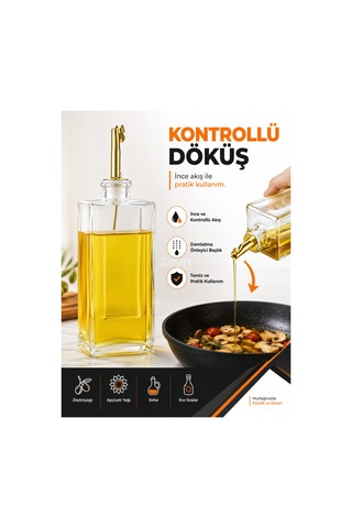 750 Ml Dikdörtgen Cam Yağdanlık Kontrollü Gold Döküş Başlıklı Zeytinyağı, Sirke Ve Sıvı Sos Şişesi Şeffaf