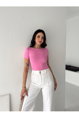 Elaxi Kadın Kısa Kollu Kayık Yaka Buzy Kumaş Tişört Pembe