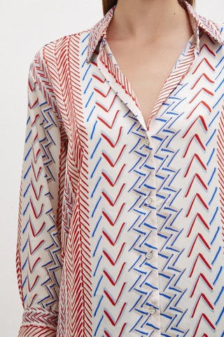 Kadın Uzun Kol Geometrik Desenli Renkli Pamuk Saten Premium Kalite Spor Şık Gömlek Kırmızı