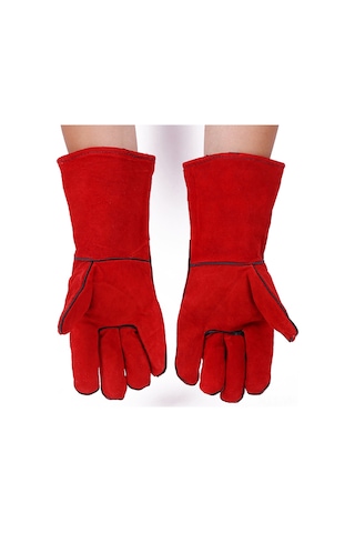 Vkemall Kürk Ve Pamuk İş Eldiveni - Kaynakçılık, Açık Hava Faaliyetleri İçin Uzun 350mm , Kalın, Kırmızı Rengi Emniyet Eldiveni