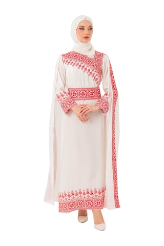 Zaytoon Eğimli Omuz Uzun Ve Açık Kollu Filistin Nakışlı Elbise M-3xl C100050 Beyaz