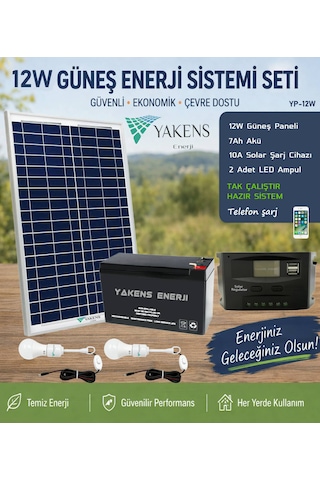 12w Hazır Solar Paketi Güneş Paneli Enerji Sistem 7ah Akü + 10a Şarj Kontrol Cihazı + 2 Led Ampul Hazır Solar Paket