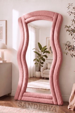 Lusso Pembe Renk Kumaş Kaplamalı Dalgalı Kavisli Ayaklı Boy Aynası 182x87 Cm