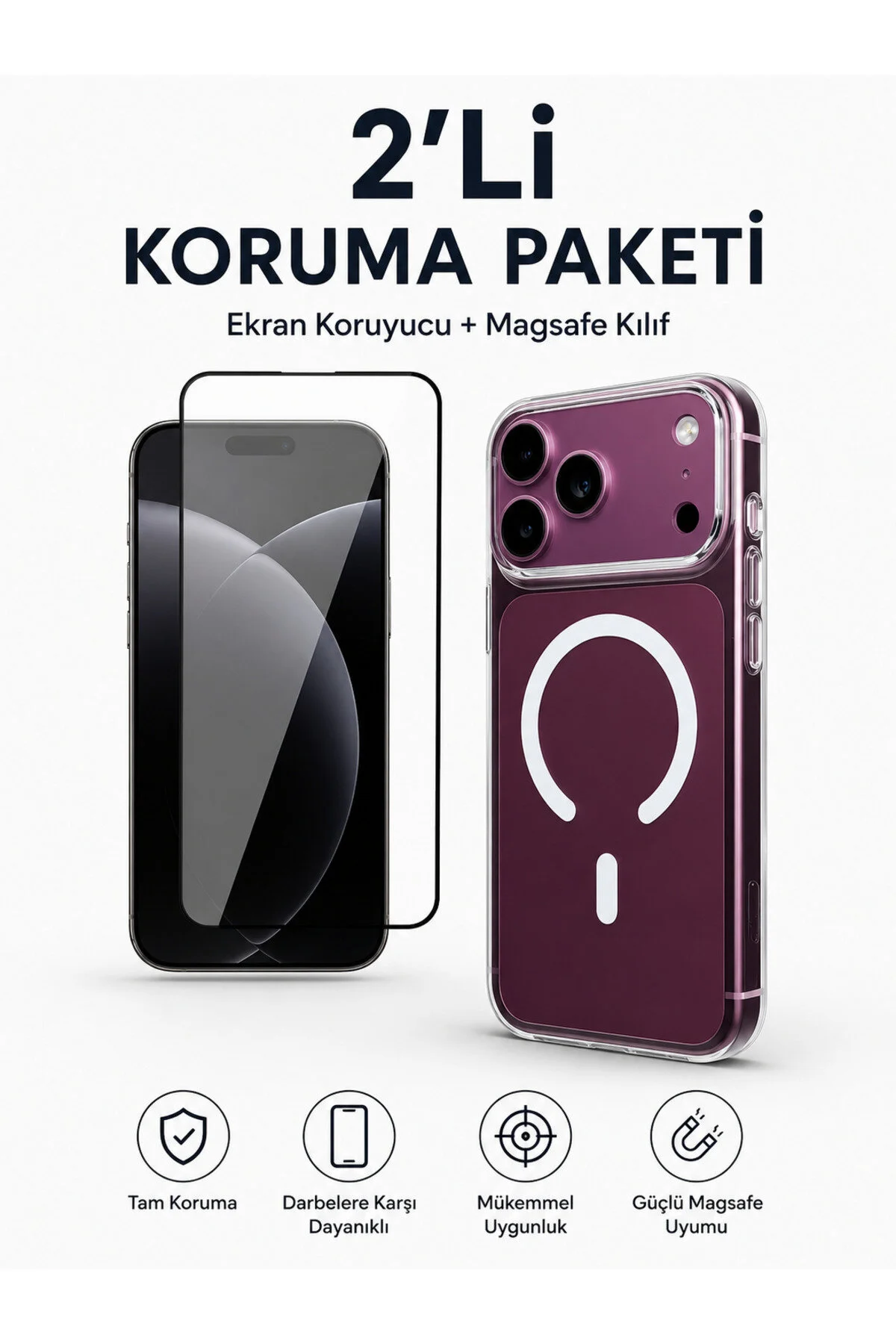 Apple Uyumlu iPhone 17 Pro Max - 18 Pro Max Uyumlu 2'li Koruma Paketi Magsafe Wireless Şarj Destekli Kamera Korumalı Şeffaf Darbe Emici Kılıf + 9h Hd+ Temperli Cam Ekran Koruyucu Set Paket