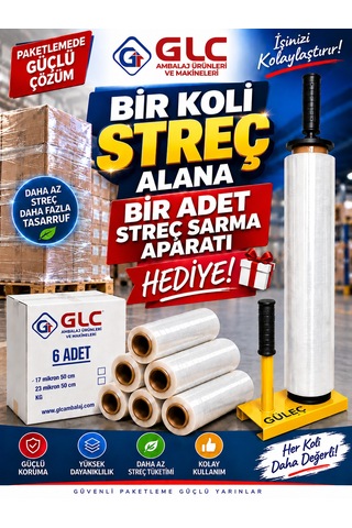 6 Adet 1 Koli 17 Mikron 300 Mt Palet Streç Film Alımına 1 Adet Streç Sarma Aparatı Hediye Sarı