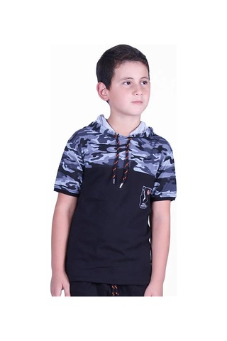 Kamuflaj Desenli Kapşonlu Gri Erkek Çocuk T-shirt Gri