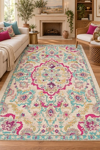 Kasbah Modern Baskı Ekru Mint Yeşili Pembe Makinede Yıkanabilir Robot Süpürge Uyumlu Salon Mutfak Koridor Halısı Ekru/mint Yeşili/pembe