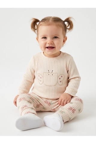 HelloBaby Pamuklu Kelebek Detaylı Taytlı 2li Kız Bebek Takım Krem