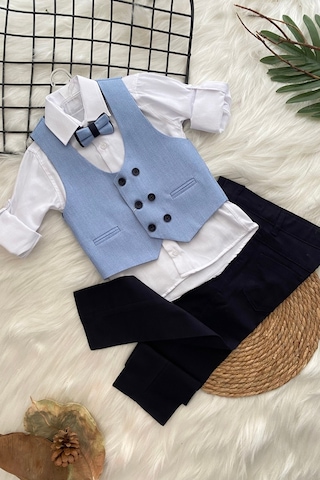 Yelekli Papyonlu 6 Düğme Çocuk Takım Elbise Mavi