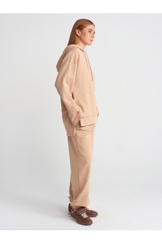 Dilvin 40403 Dikiş Esprili Yırtmaçlı Sweat Camel