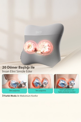 Vs500 Masaj Yastığı Bel Sırt Boyun Kalça Omuz Isı Destekli, Kablosuz, Ergonomik, Type-c Şarjlı Gri