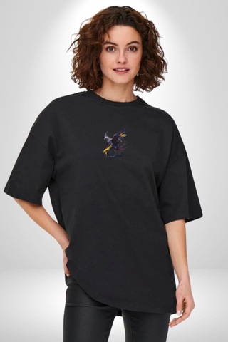 Kara Kartal Sulu Boya Siyah Oversize Unisex Ön Orta Minimal Baskılı Tişört Siyah