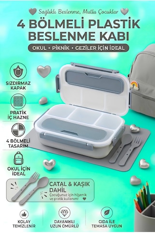 Sızdırmaz Kapaklı, Çatal Ve Kaşıklı 4 Bölmeli Çocuk Beslenme Kabı / Beslenme Kutusu Gri