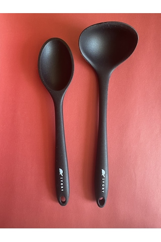 Sert Uçlu Silikon Kaşık Seti 2 Prç 28cm Kaşık 28cm Kepçe Siyah