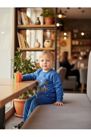 Zekids Erkek Bebek Pamuklu Ayıcıklı Eşofman Takım-16330 Mavi