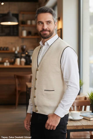Kamalı Erkek Krem V Yaka Triko Düğmeli Cepli Çizgi Desenli Regular Fit Tüylenmeyen Örgü Yelek Taş