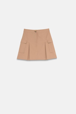 Thalure Kadın Camel Kargo Cepli Pileli Mini Etek Camel