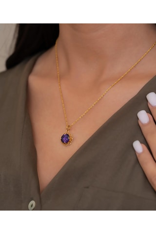 Bayar Gold 14 Ayar Altın Mor Güneş Taşlı Kolye Sarı Altın