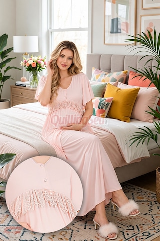 Lady Pembe Renkli, Dantel Detaylı, Derin Patlı, 33500 Sabahlıklı 2li Lohusa Hamile Gecelik Takımı Açık Pembe