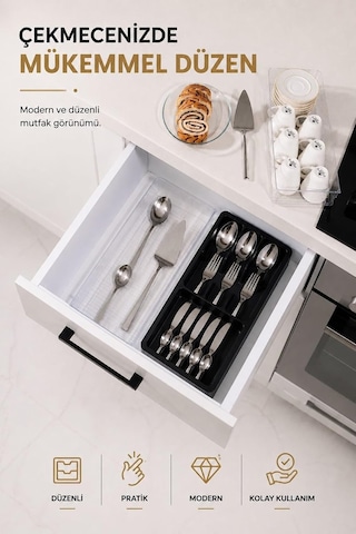 Çekmece İçi Kaşıklık Organizer Bölmeli Mutfak Düzenleyici Siyah S-11030 Çok Renkli