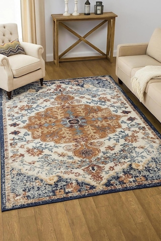 Vintage Desen Turuncu Mavi Renk Modern Halı Dekoratif Kilim Turuncu