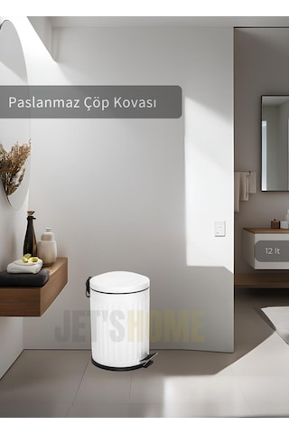 Jet's Home Pedallı Banyo Çöp Kovası Paslanmaz 12 Lt Mutfak Çöp Kutusu Beyaz Beyaz