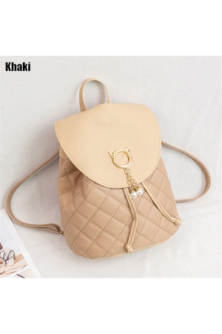 Kadın Küçük Mini Çocuk Pu Deri Bağcıklı Öğrenci Kitap Çantaları Sırt Çantası Khaki Haki