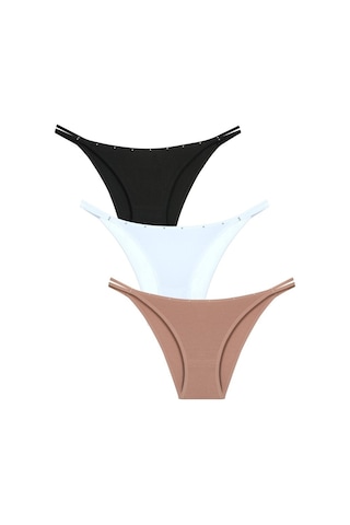 New Lilla 1025 Çift Ip-Taş Detaylı Bikini Külot Paketi (555344058)-Siyah,Beyaz,Kapiçino-Standart Çok Renkli