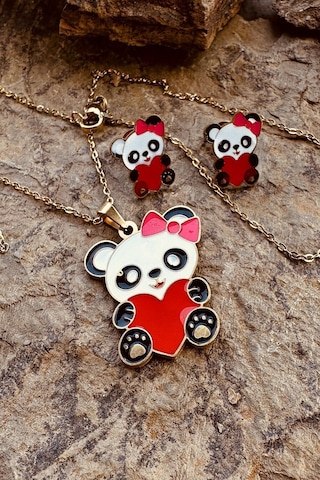 Kalpli Panda Model Mineli Gold Altın Renk Paslanmaz Çelik Kolye Küpe Set