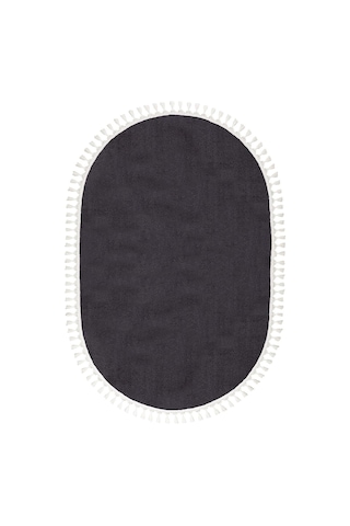Vl Oval Comfort Overloklu Peluş Halı Beyaz Saçaklı Oval Antrasit